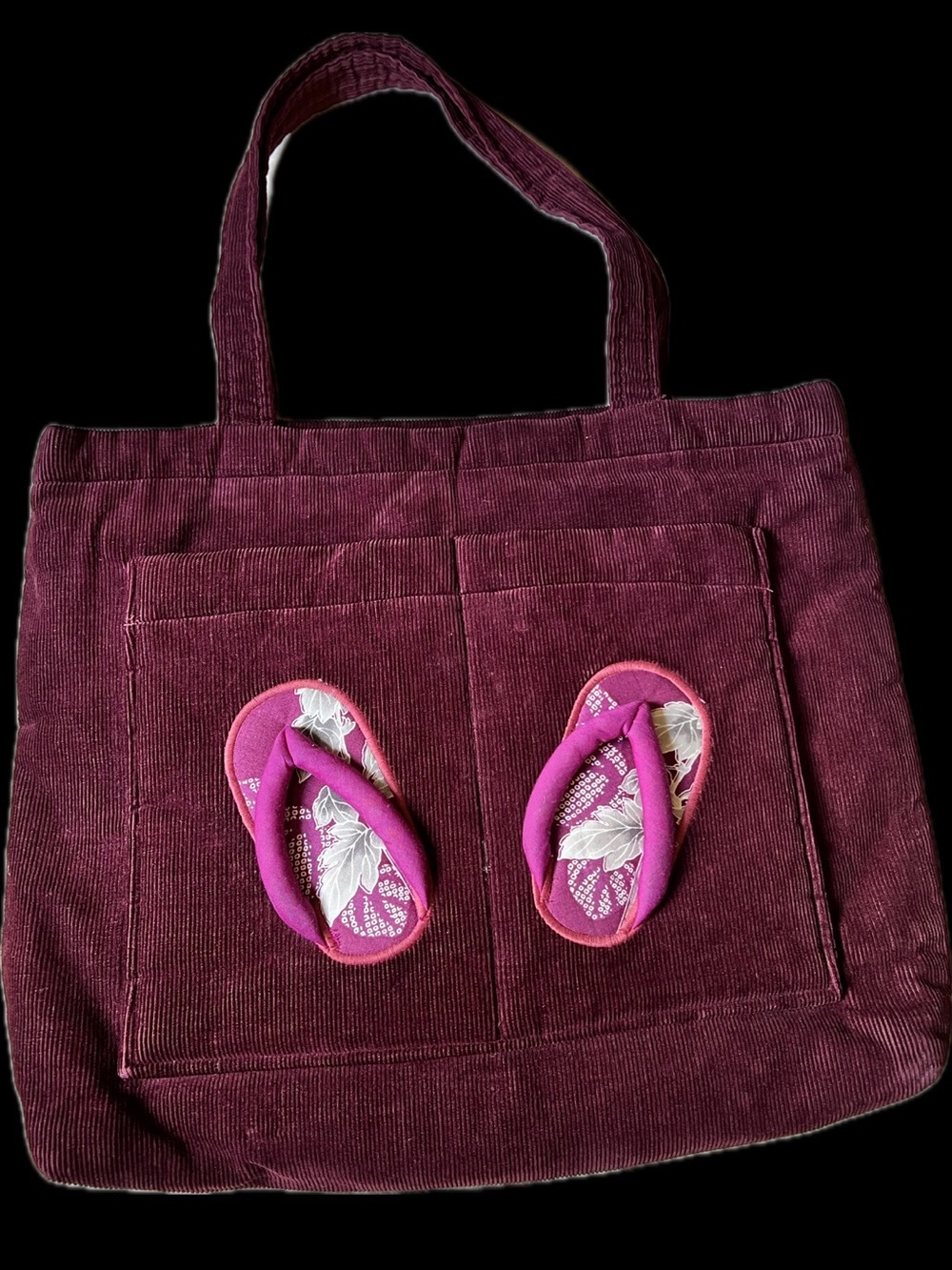 Corduroy Quilted Burgundy Tote Bag with Pink Slipper Accent Handmade Hawaii